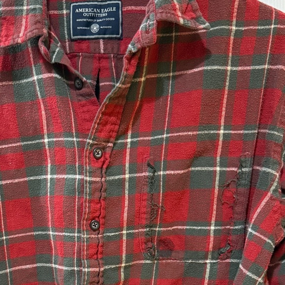 THRASHED American Eagle Outfitters Red and Green Button Down grunge punk goth🤘🏻🎸 - Picture 1 of 7
